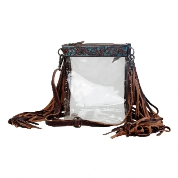 New Stadium Concert Bag Clear Adjustable Crossbody with Brown Leather Fringe - Picture 6 of 7